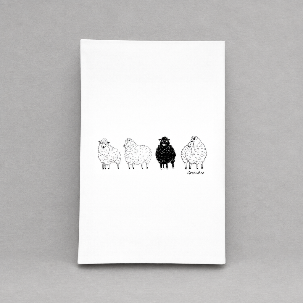 Black Sheep Dish Tea Towel from Impish Greetings on a light grey background