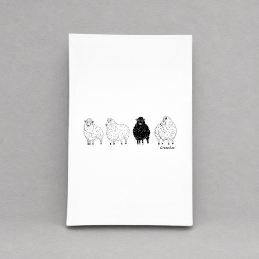 Black Sheep Dish Tea Towel from Impish Greetings on a light grey background