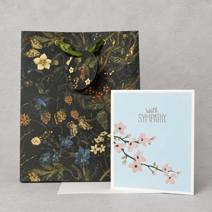 Cherry blossom sympathy card + gift bag, grey backdrop