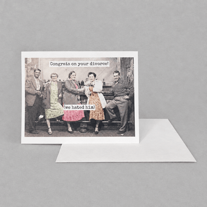 Congrats On Your Divorce! (We Hated Him) Card photo 2 on the lighter grey backdrop