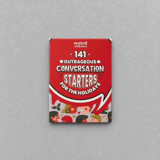 141 Outrageous Conversation Starters for the Holidays from Impish Greetings on a light grey background