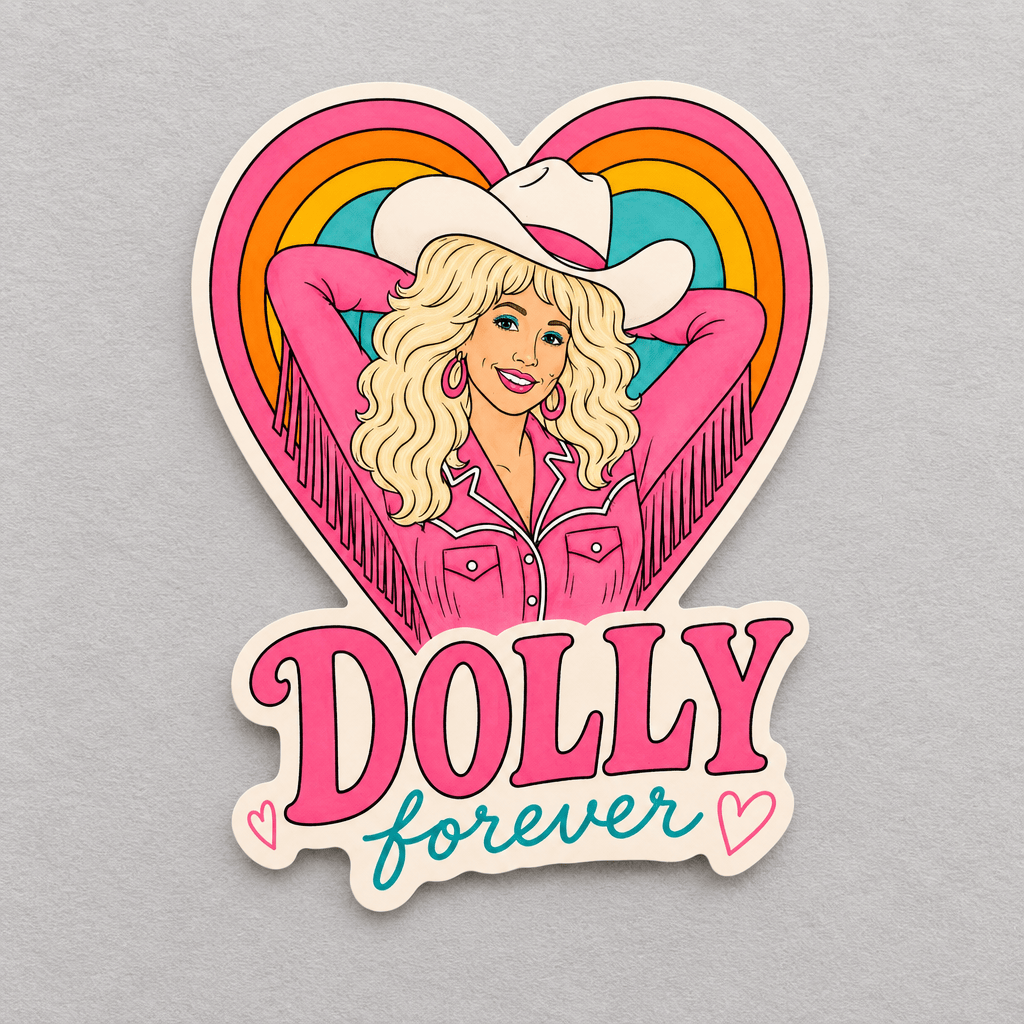 Dolly Forever sticker on the neutral grey backdrop