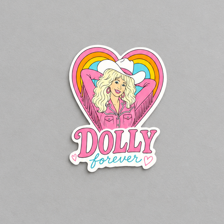 Dolly forever vinyl sticker on muted light grey background