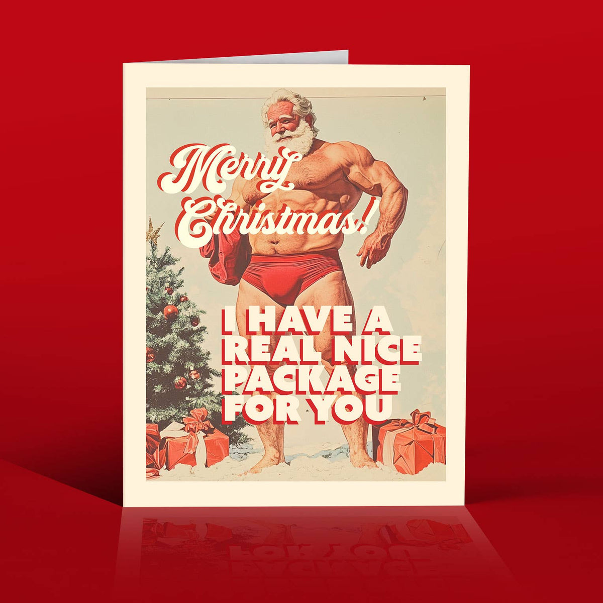 A Christmas greeting card featuring a retro-style illustration of a muscular Santa Claus wearing red briefs, standing next to a decorated Christmas tree with presents. The text reads 'Merry Christmas' and 'I HAVE A REAL NICE PACKAGE FOR YOU'.