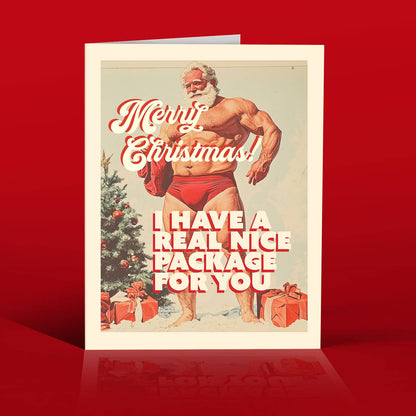 A Christmas greeting card featuring a retro-style illustration of a muscular Santa Claus wearing red briefs, standing next to a decorated Christmas tree with presents. The text reads 'Merry Christmas' and 'I HAVE A REAL NICE PACKAGE FOR YOU'.