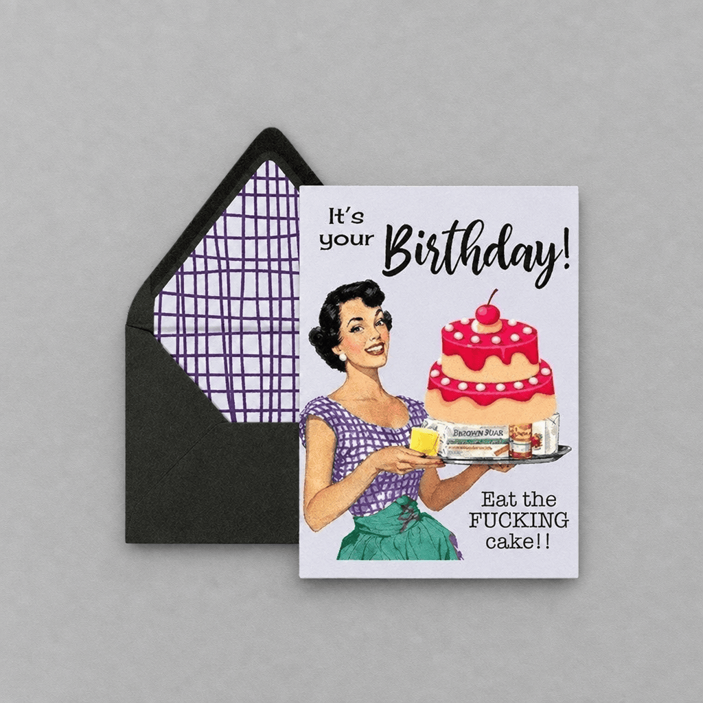 Eat the Fucking Cake B-day Card photo 1 on the lighter grey backdrop
