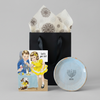 Eight Crazy Nights Gift Set with Hanukkah card, menorah mini plate, black boutique bag and patterned tissue on muted light grey