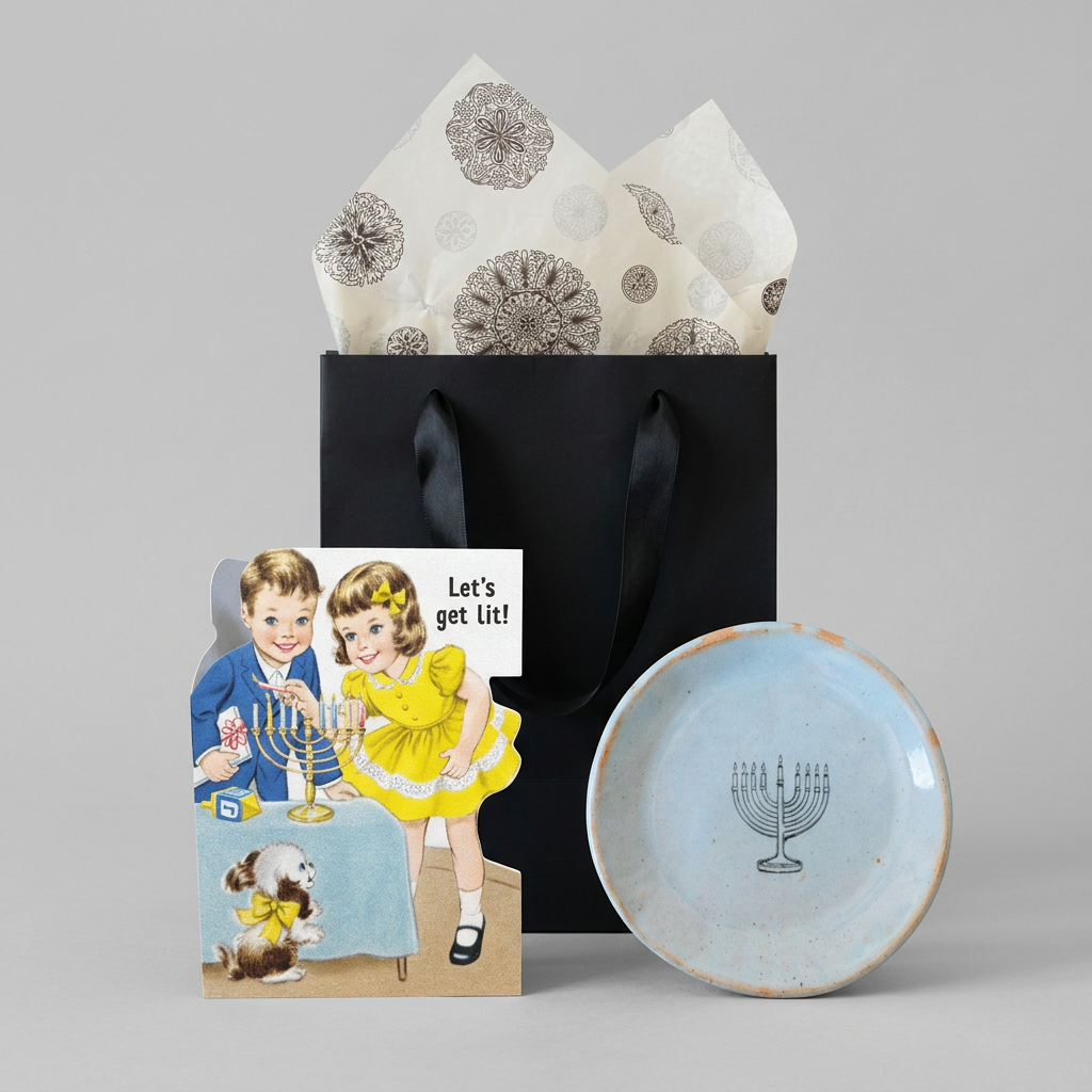 Eight Crazy Nights Gift Set with Hanukkah card, menorah mini plate, black boutique bag and patterned tissue on muted light grey