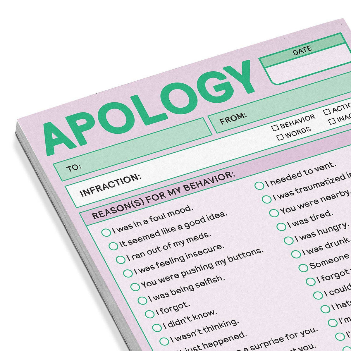 Apology slip with checkboxes and text options on a white background