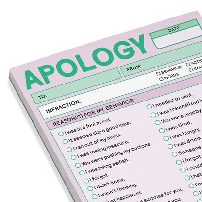 Apology slip with checkboxes and text options on a white background