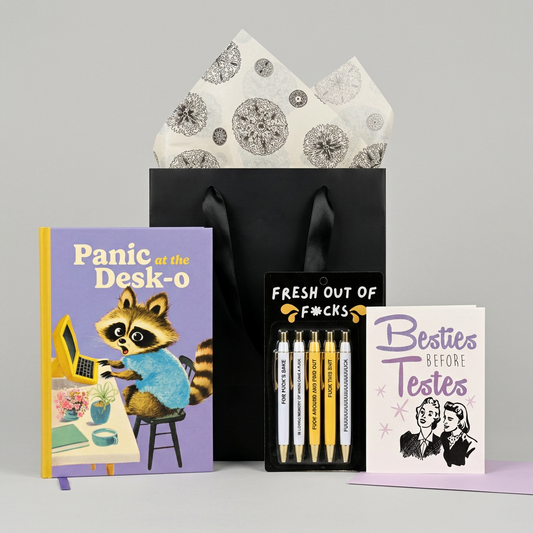 Functioning Adult On Paper gift set with notebook, five-pen set, friendship card, black boutique bag and patterned tissue on muted light grey
