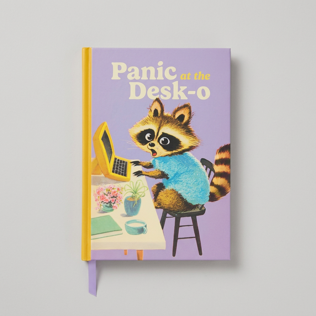 Panic at the Desk-o raccoon notebook cover on muted light grey background