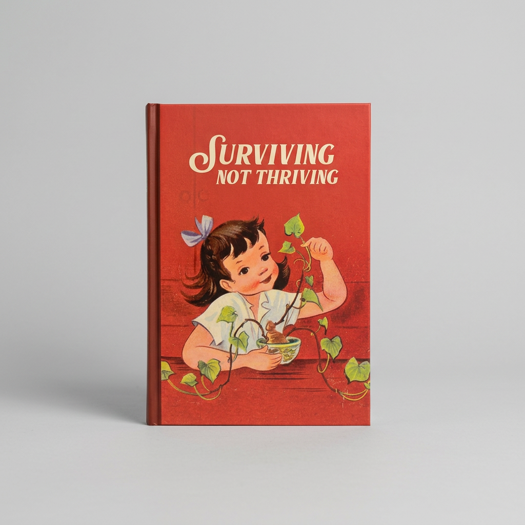 Surviving Not Thriving notebook standing upright on muted light grey background