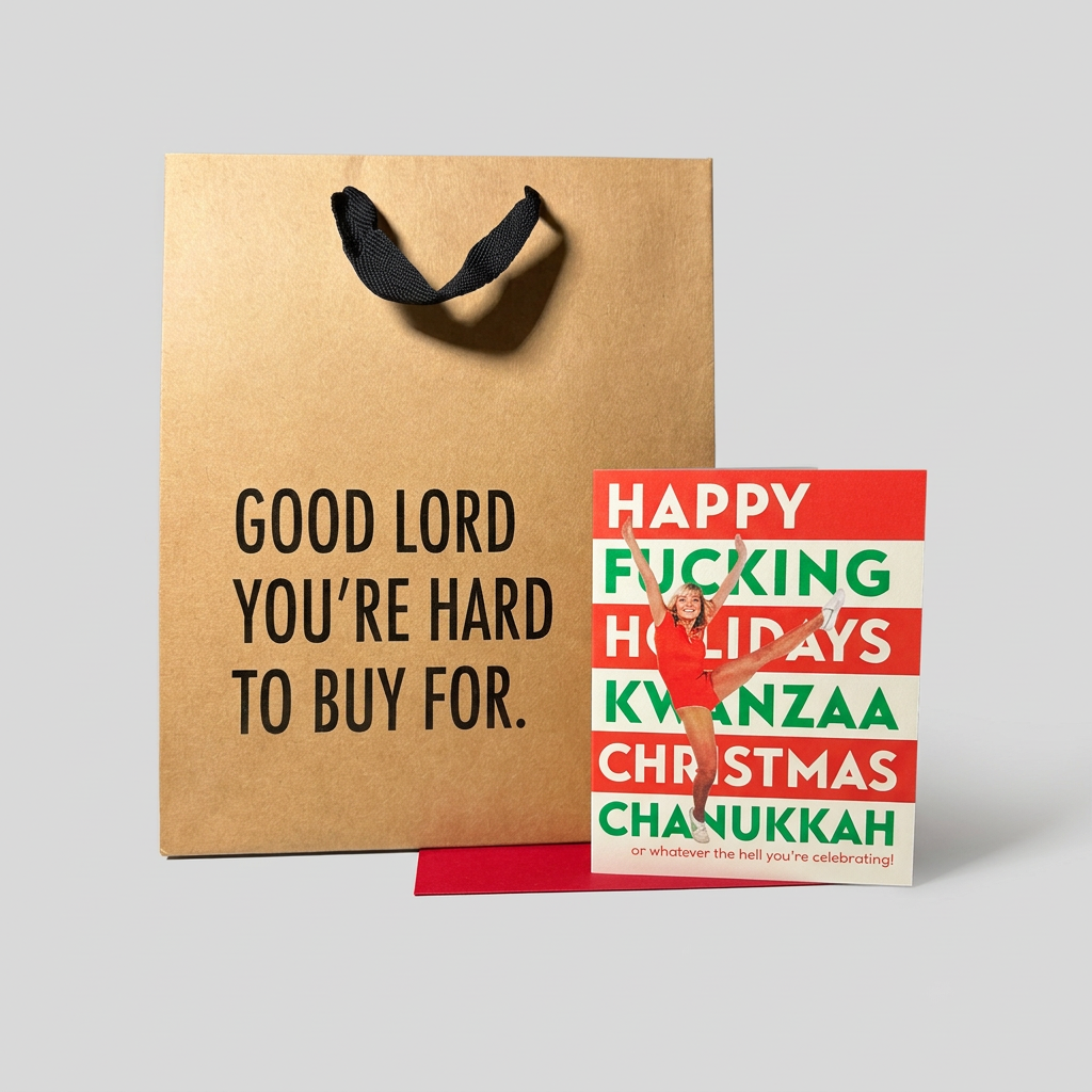 Alternate view of holiday card and kraft gift bag on muted light grey background