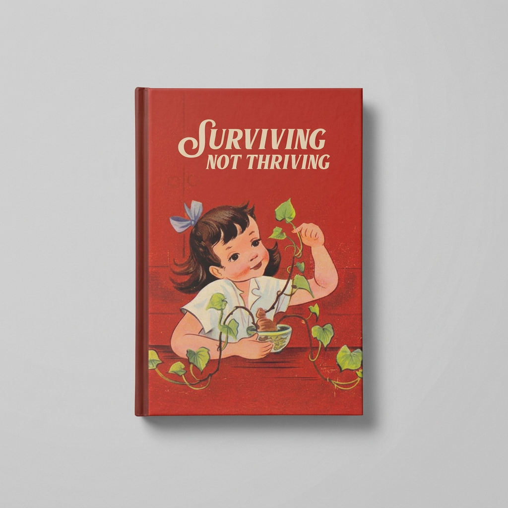 Alternate flat lay of Surviving Not Thriving notebook on muted light grey background