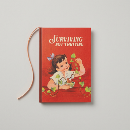 Surviving Not Thriving red notebook with ribbon bookmark on muted light grey background