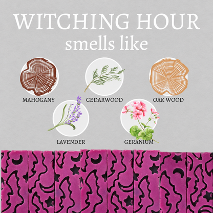 Witching Hour soap scent notes: mahogany, cedarwood, oak wood, lavender and geranium