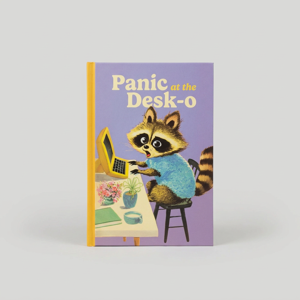 Panic at the Desk-o notebook standing upright on muted light grey background