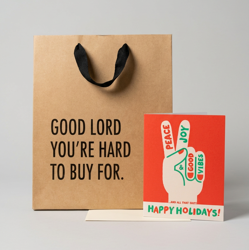Kraft gift bag and holiday greeting card on a muted light grey background