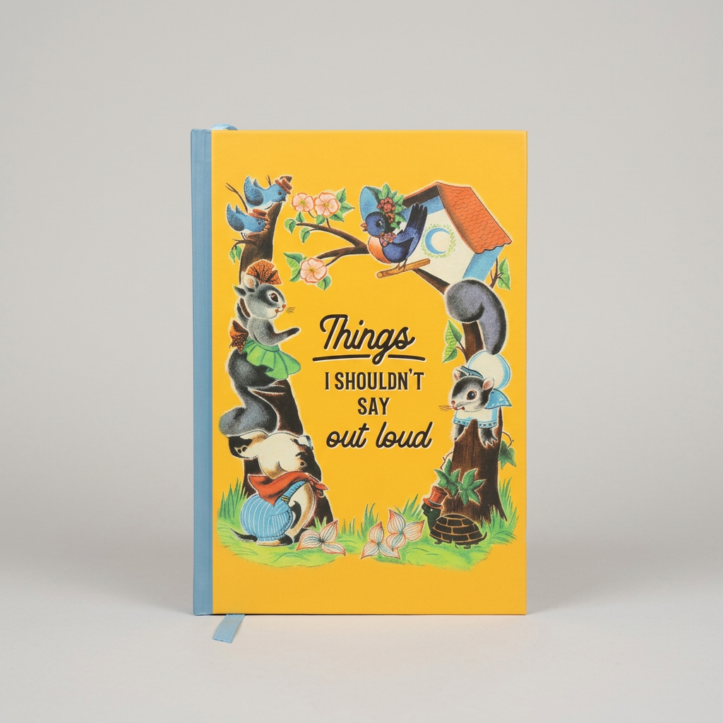Things I Shouldn't Say Out Loud notebook standing upright on muted light grey background