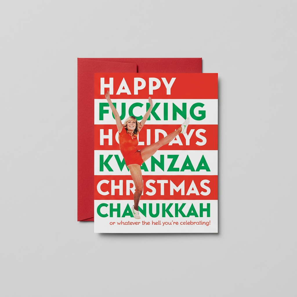 Kwanzaa Christmas Hanukkah holiday card and red envelope on muted light grey background