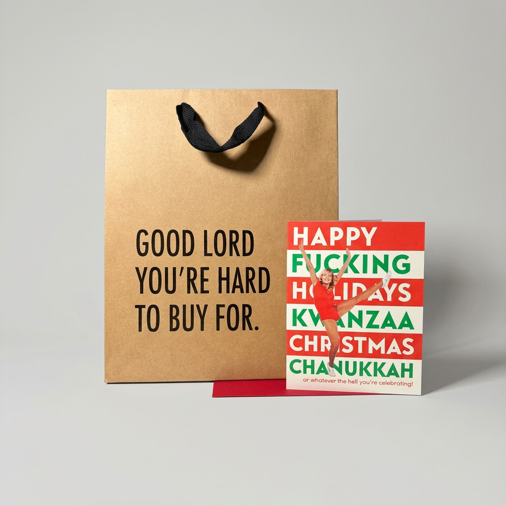 Kwanzaa Christmas Hanukkah card beside kraft gift bag on muted light grey background
