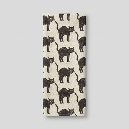 Alternate hanging black cat tea towel view on muted light grey background