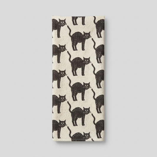 Alternate hanging black cat tea towel view on muted light grey background