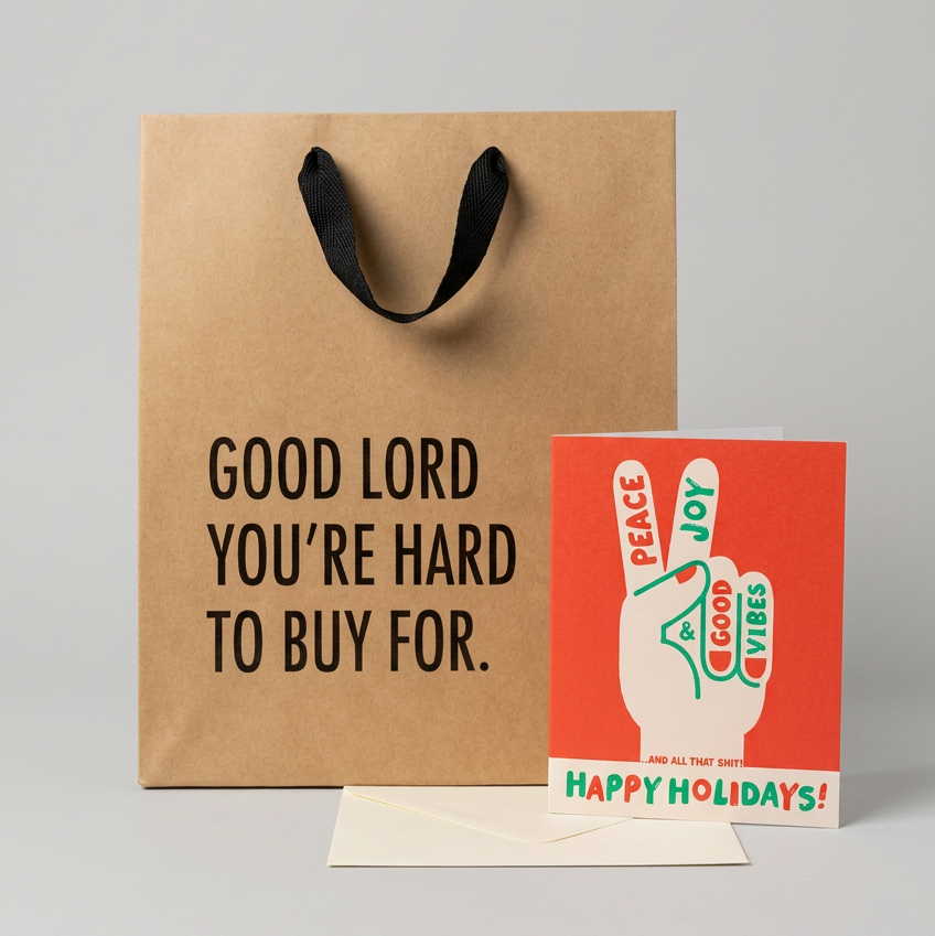 Holiday card, cream envelope and kraft gift bag on a muted light grey background