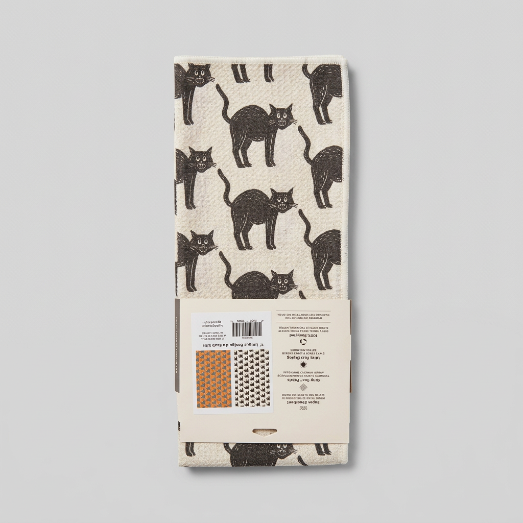Packaged folded black cat tea towel on muted light grey background