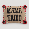 Mama Tried wool hook pillow with red patterned border on muted light grey