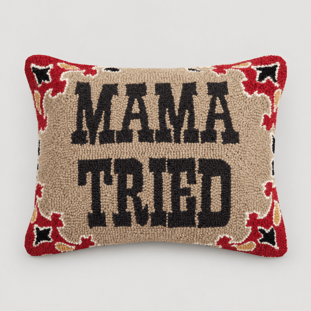 Mama Tried wool hook pillow with red patterned border on muted light grey