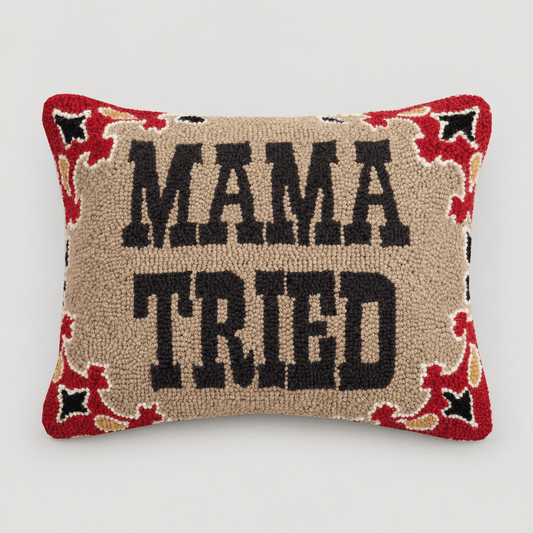 Mama Tried wool hook pillow with red patterned border on muted light grey
