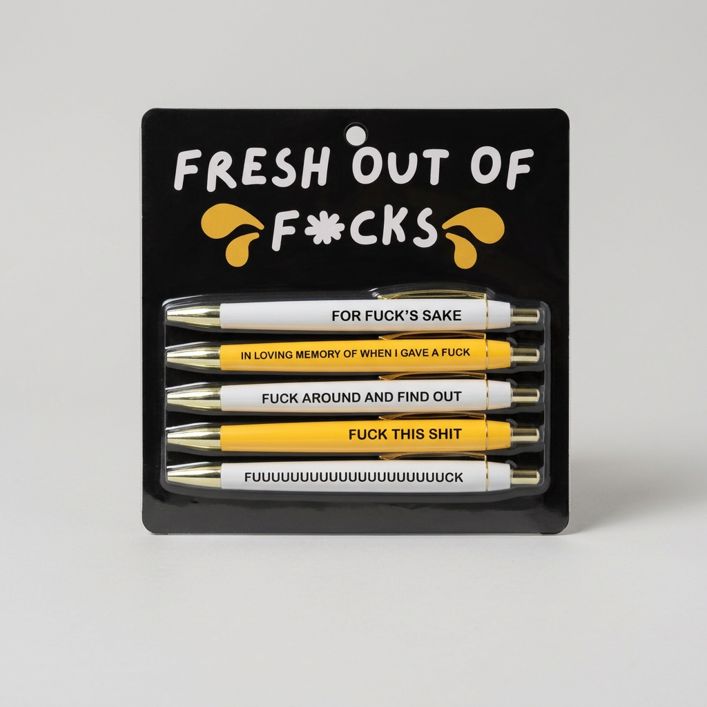 Close-up of white and yellow Fresh Out of Fucks pens on muted light grey background