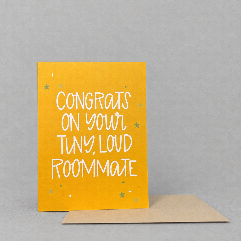 Impish Greetings baby congratulations card with yellow background and white text reading Congrats on Your Tiny Loud Roommate