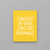 Impish Greetings baby congratulations card with yellow background and white text reading Congrats on Your Tiny Loud Roommate
