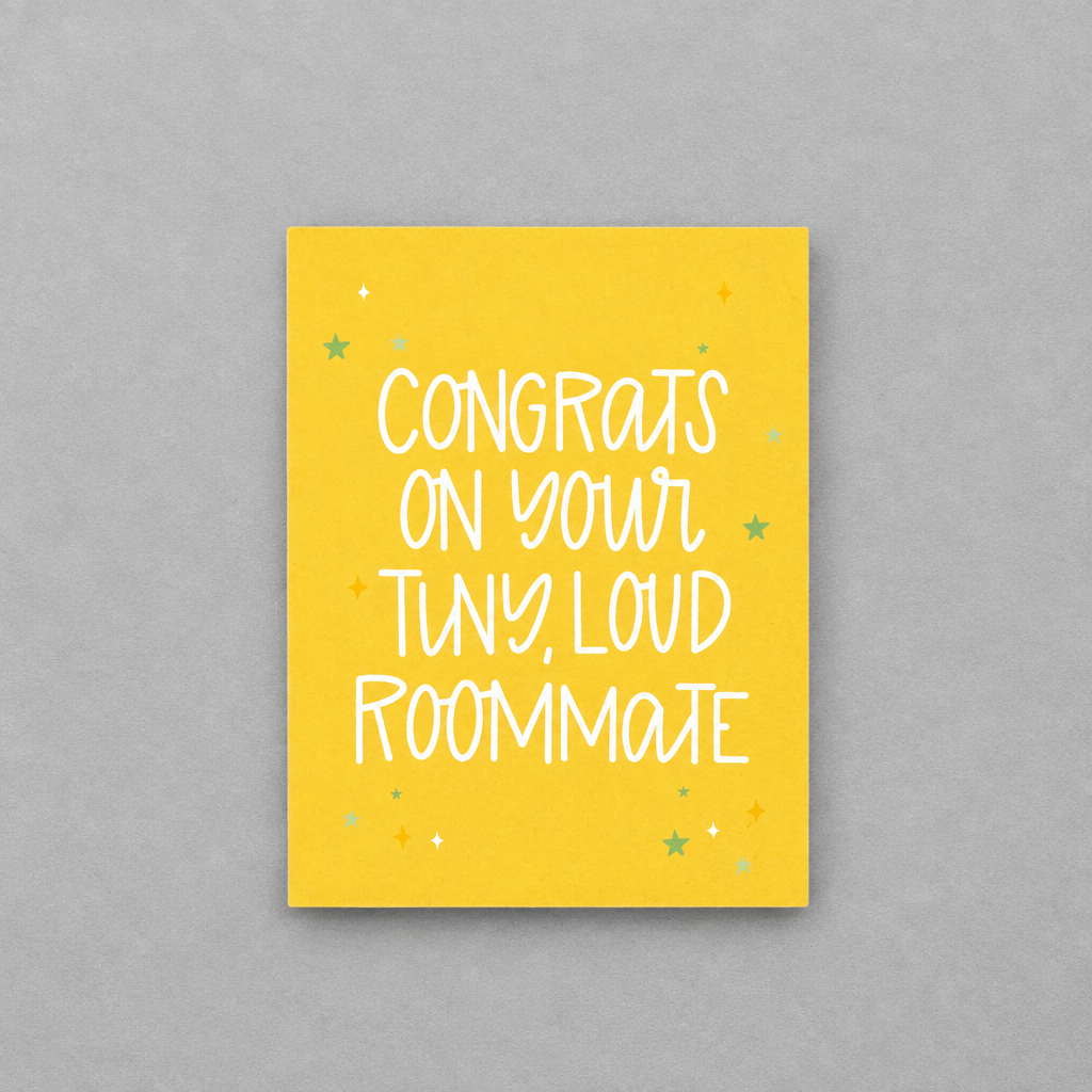 Impish Greetings baby congratulations card with yellow background and white text reading Congrats on Your Tiny Loud Roommate