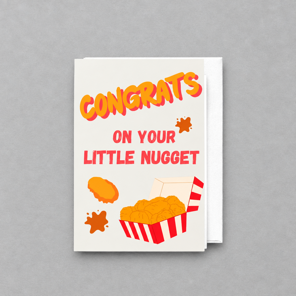 Impish Greetings Congrats on Your Little Nugget baby card with fried chicken illustration on white cotton paper