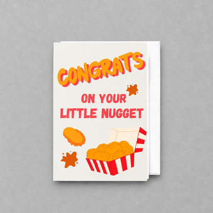 Impish Greetings Congrats on Your Little Nugget baby card with fried chicken illustration on white cotton paper