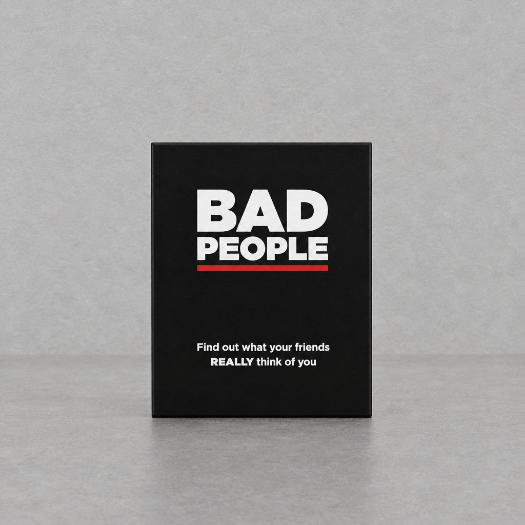 Impish Greetings Bad People party game box with black cover and bold white text on a neutral grey background