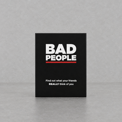Impish Greetings Bad People party game box with black cover and bold white text on a neutral grey background
