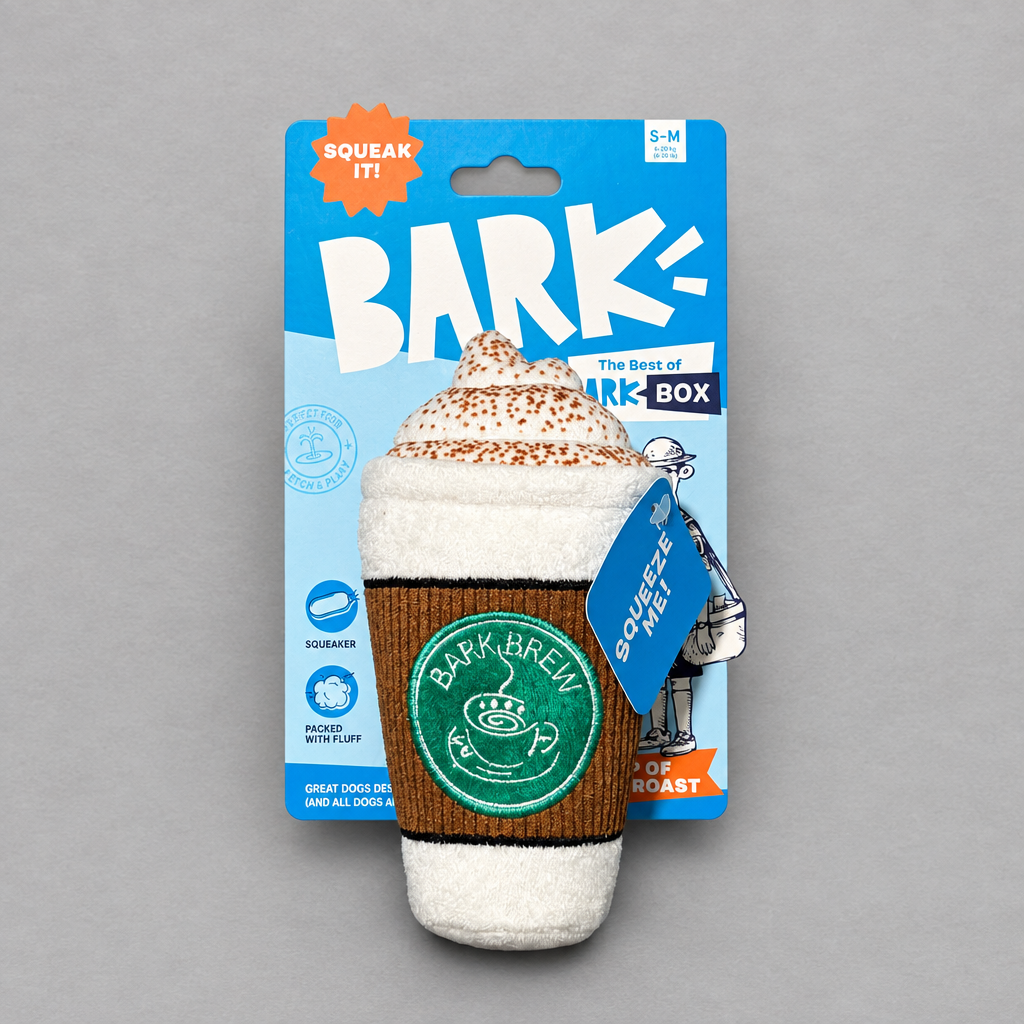 Impish Greetings Bark Brew coffee cup plush dog toy with squeaker in original blue and white retail packaging