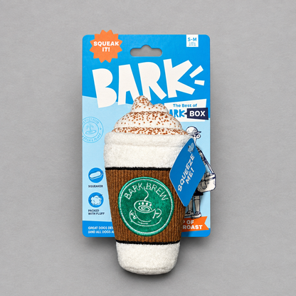 Impish Greetings Bark Brew coffee cup plush dog toy with squeaker in original blue and white retail packaging