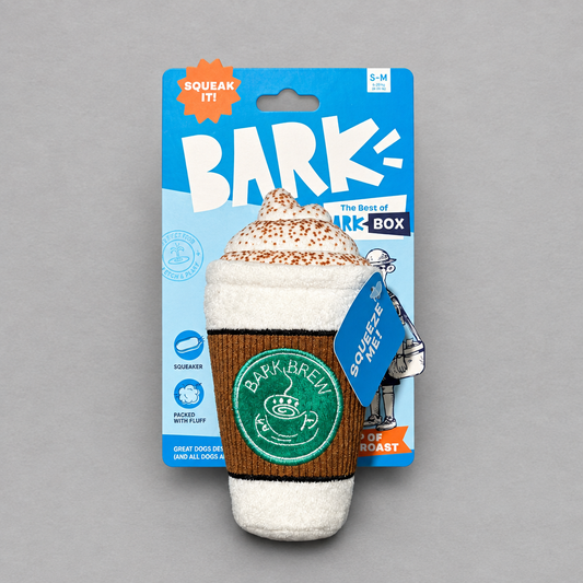 Impish Greetings Bark Brew coffee cup plush dog toy with squeaker in original blue and white retail packaging