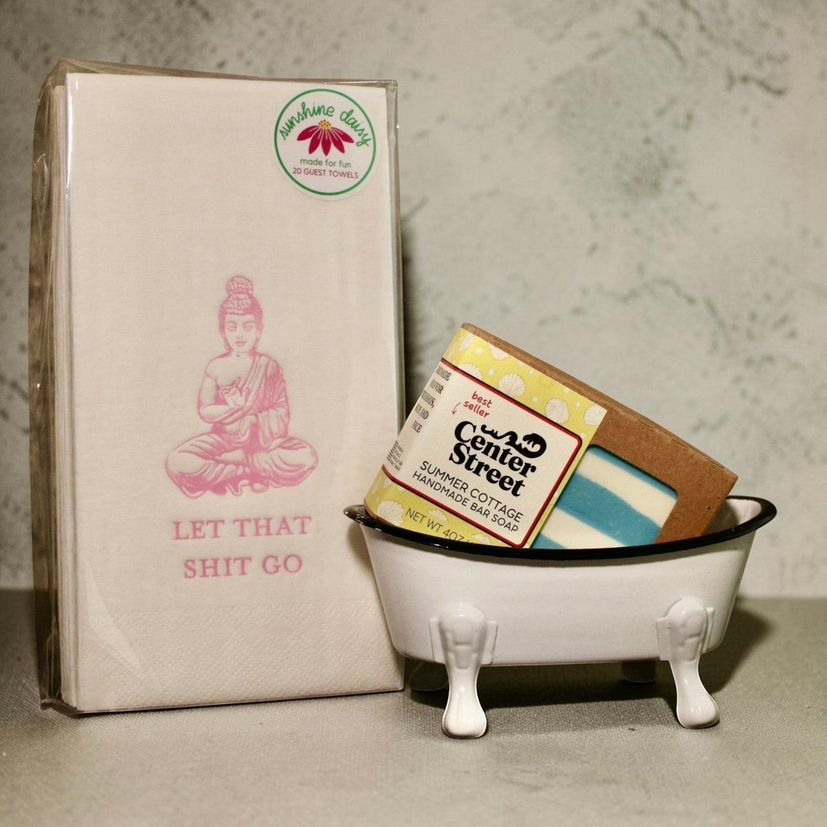 Impish Greetings Clean Up Your Act bundle featuring Buddha guest towels, Summer Cottage soap, and a clawfoot soap dish