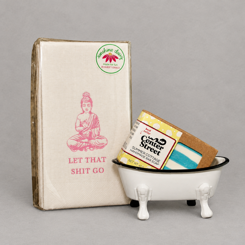 Impish Greetings Clean Up Your Act bathroom bundle with Buddha guest towels, artisan soap, and clawfoot bathtub dish.