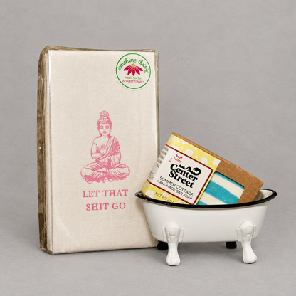 Impish Greetings Clean Up Your Act bathroom bundle with Buddha guest towels, artisan soap, and clawfoot bathtub dish.
