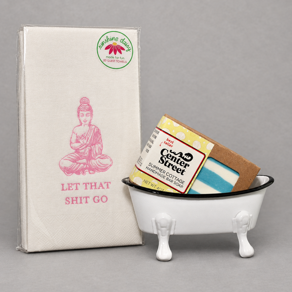 Impish Greetings Clean Up Your Act Bundle featuring Buddha guest towels, Summer Cottage soap, and a clawfoot soap dish