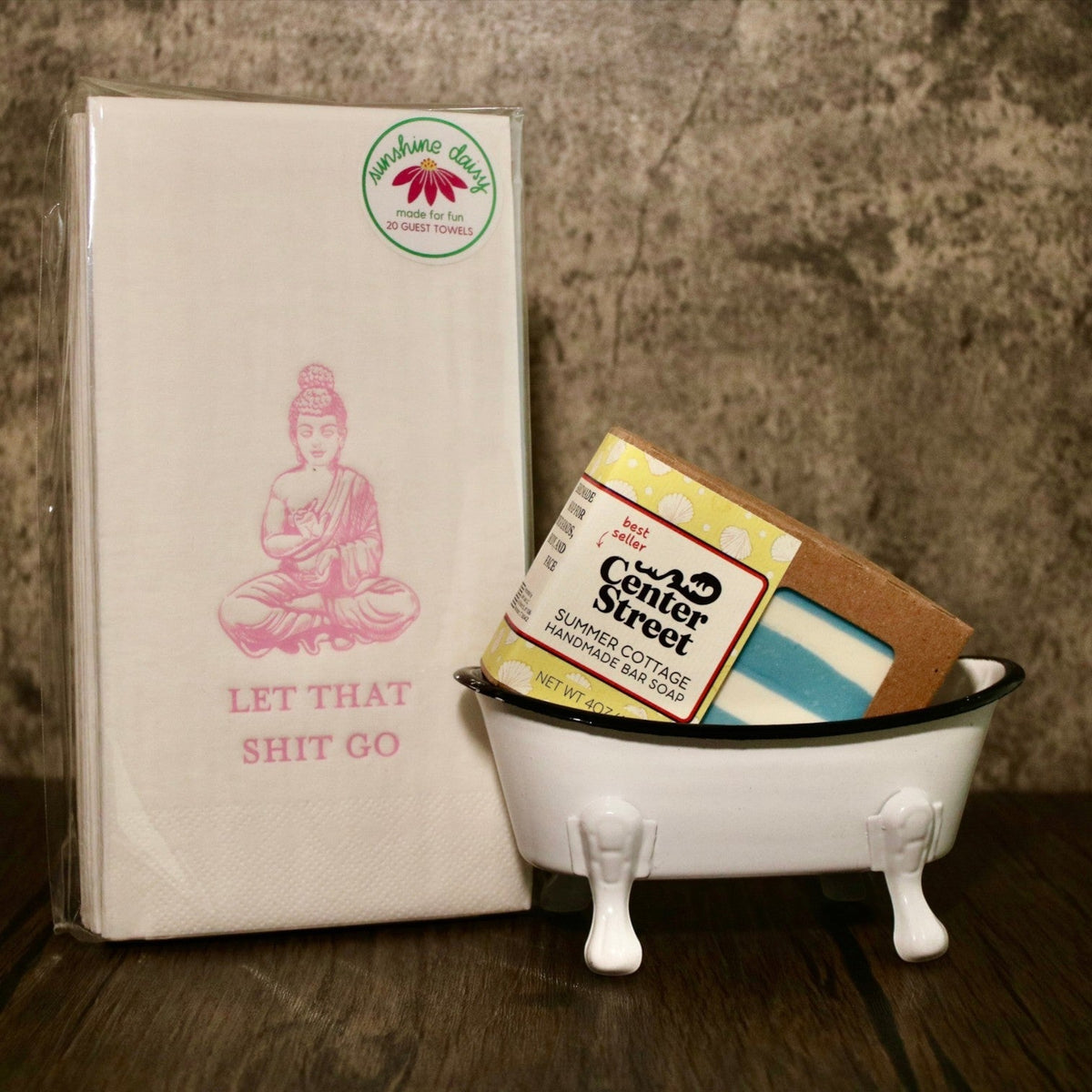 Impish Greetings Clean Up Your Act Bundle featuring Buddha guest towels, Summer Cottage soap, and clawfoot soap dish.