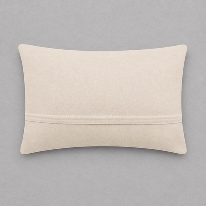 Impish Greetings Dog Person hook pillow showing the plain beige velvet back with a hidden zipper closure
